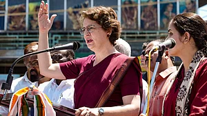 Priyanka Gandhi Vadra addresses a meeting in Wayanad.