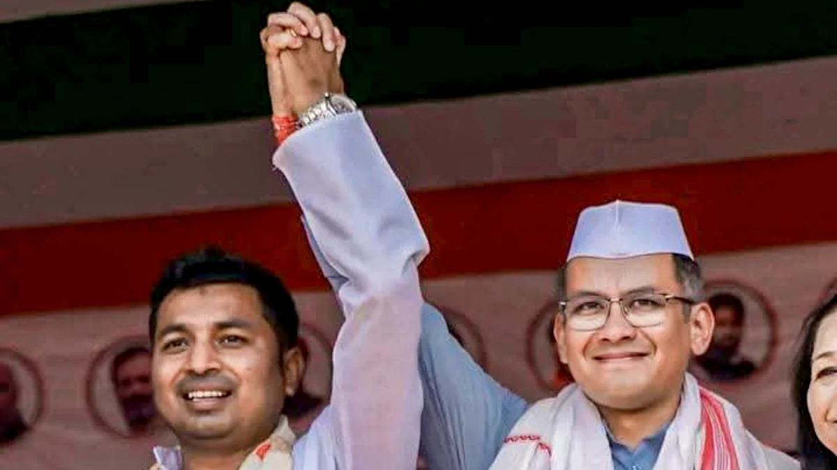 Gaurav Gogoi with Congress candidate Utpal Bania from Raha Assembly constituency.