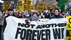 People march in protest against the US-Israeli war with Iran and conflict in Lebanon.
