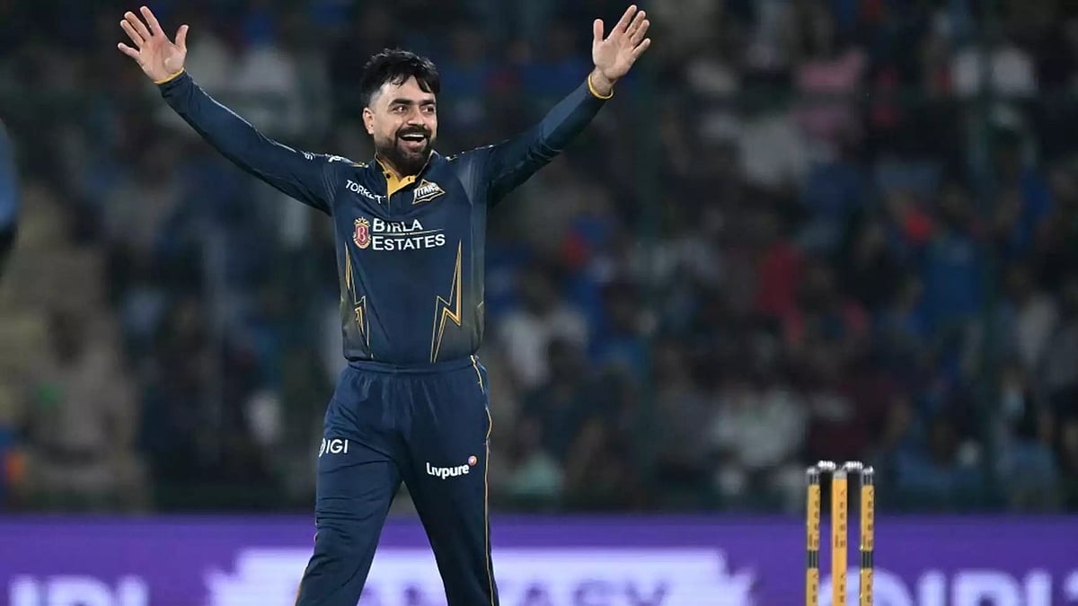 A jubilant Rashid Khan after capturing one of his three wickets against Delhi Capitals.