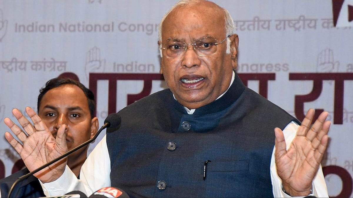 Mallikarjun Kharge addresses a press conference in Guwahati.