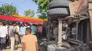 Coal-laden truck overturns in UP's Kannauj.