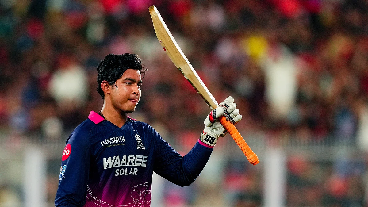 Vaibhav walks off after his dismissal during the match between RR and RCB in Guwahati, 10 April