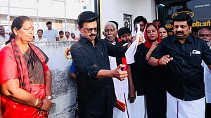 Tamil Nadu CM Stalin burning a copy of the Delimitation Bill