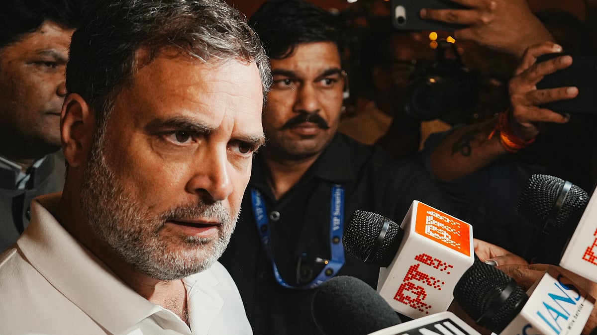 Rahul Gandhi interacts with the media after the defeat of the 131st Constitution Amendment Bill