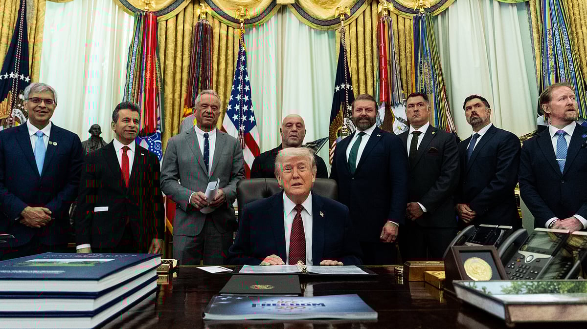 Donald Trump speaks at Oval Office on 18 April.