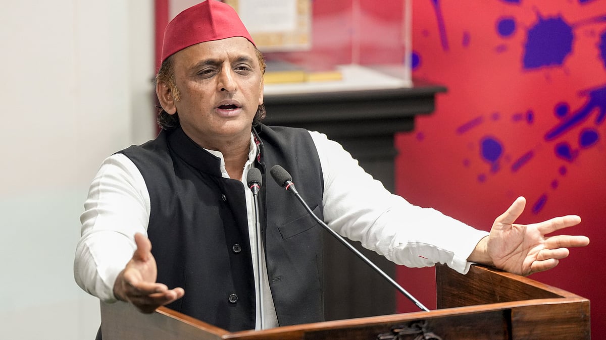 Akhilesh Yadav addresses a press conference in Lucknow.