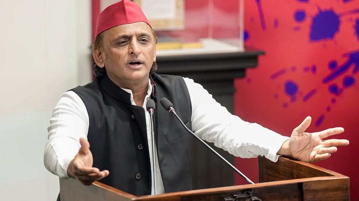 Akhilesh Yadav addresses a press conference in Lucknow.