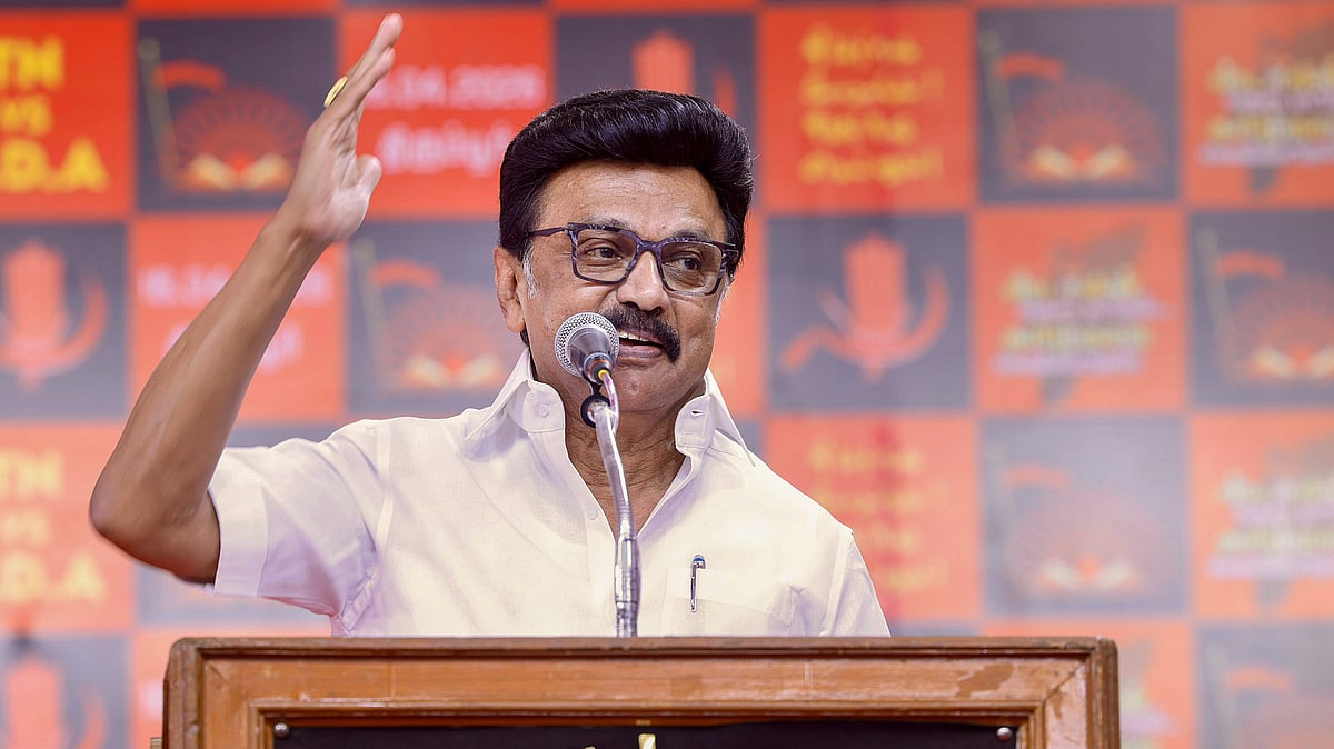 MK Stalin speaks during an election campaign in Tiruppur.