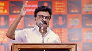 MK Stalin speaks during an election campaign in Tiruppur.