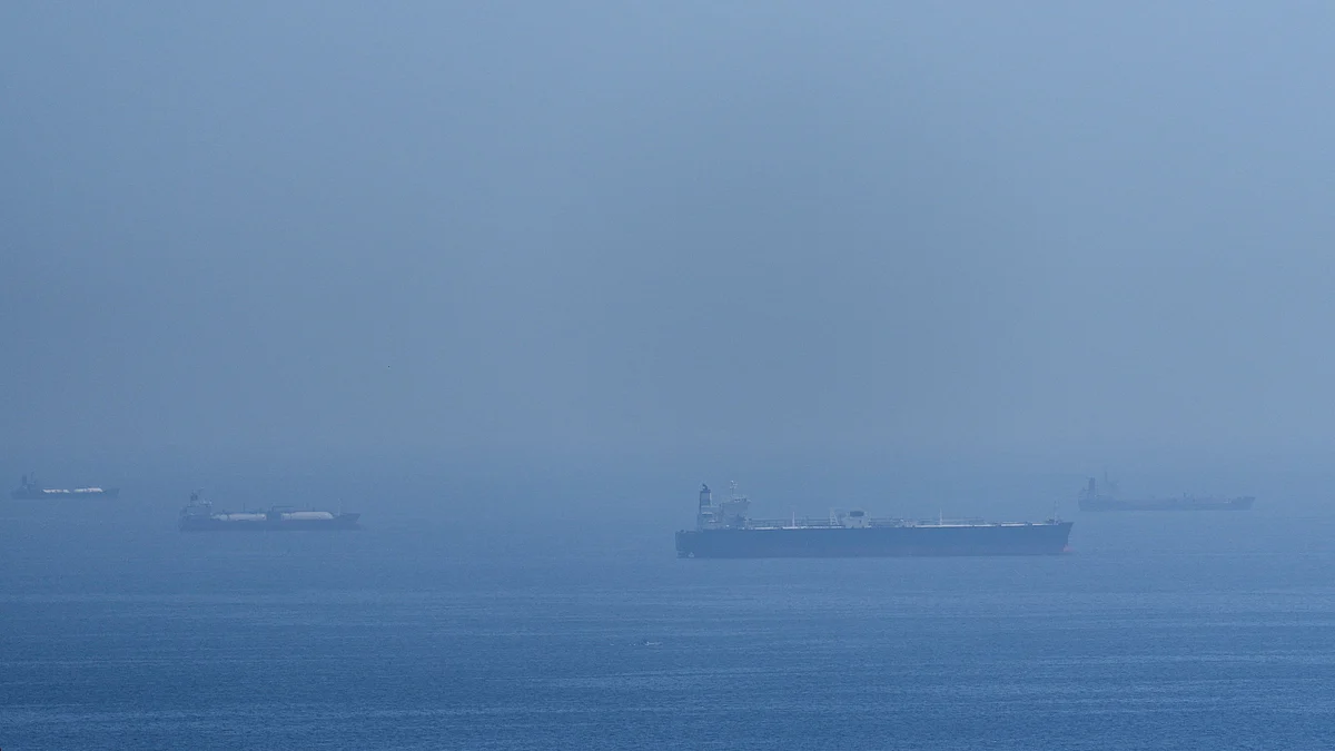 Tankers and gas carriers anchored in the Strait of Hormuz.