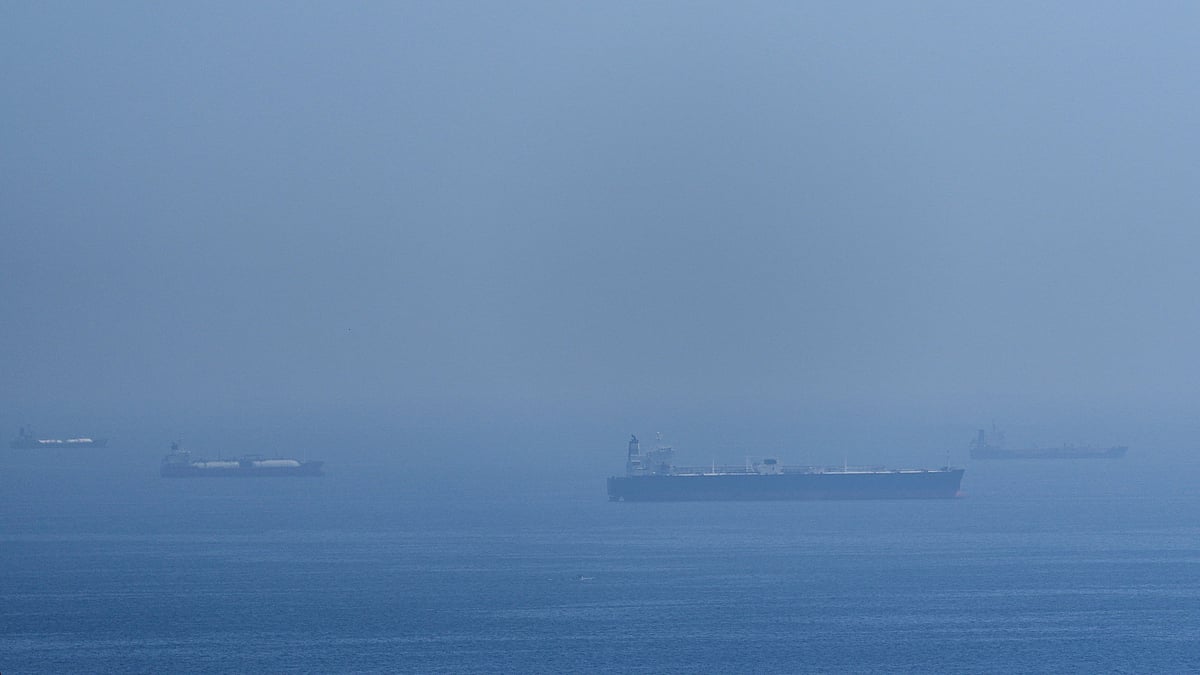 Tankers and gas carriers anchored in the Strait of Hormuz.