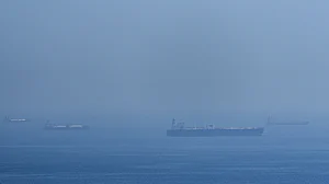 Tankers and gas carriers anchored in the Strait of Hormuz.