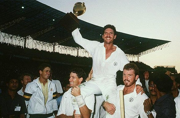 Allan Border chaired by his teammates after the 1987 Cup final