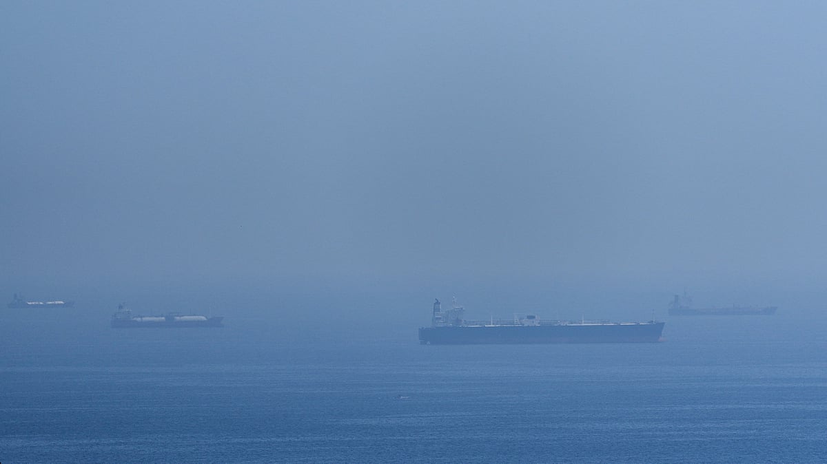 Tankers and gas carriers anchored in Strait of Hormuz. 