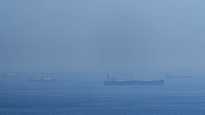 Tankers and gas carriers anchored in Strait of Hormuz.