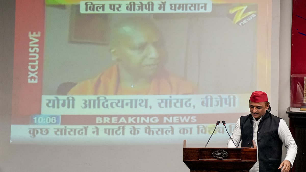 Akhilesh Yadav during a press conference at party office in Lucknow.