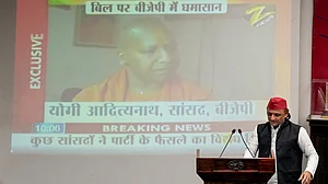 Akhilesh Yadav during a press conference at party office in Lucknow.