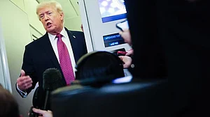 Donald Trump speaks to media