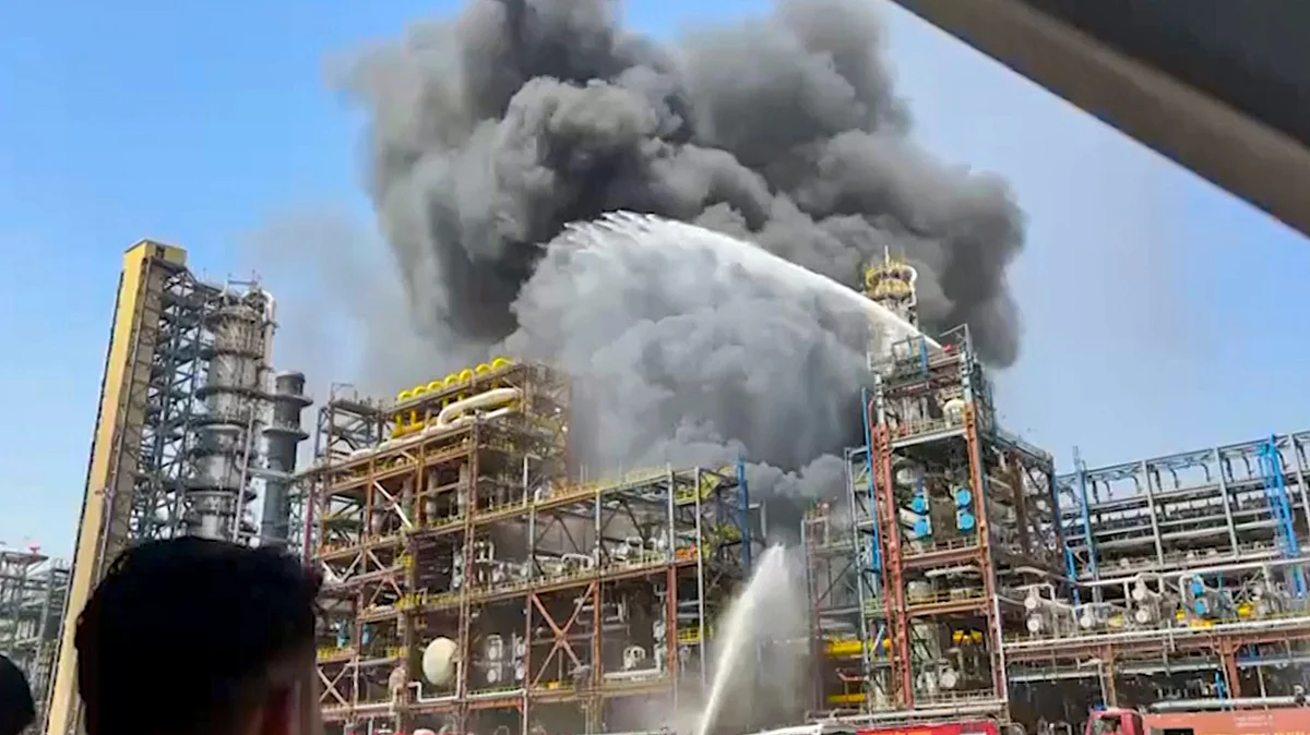 Firefighters douse the blaze at HPCL's Pachpadra refinery in Balotra, Rajasthan 20 April