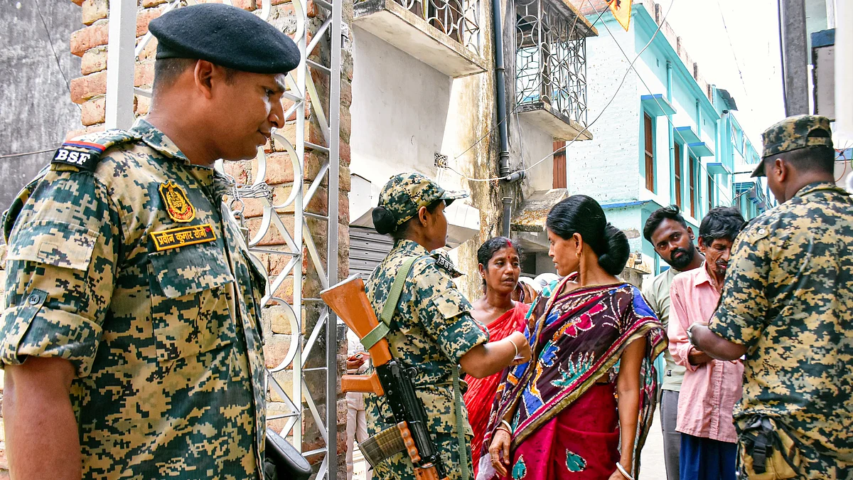 A security check during voting in phase 1 of the West Bengal Assembly elections, in Murshidabad