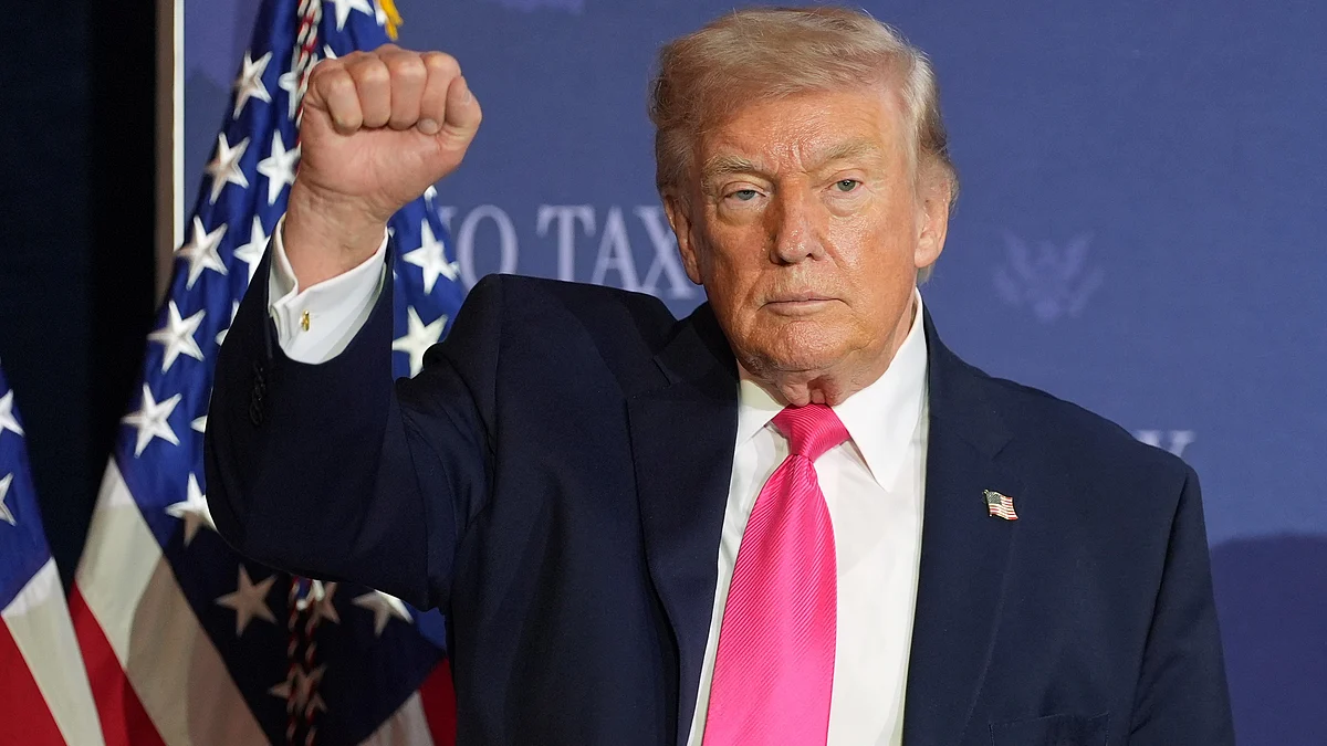 Donald Trump gestures after a roundtable event in Las Vegas.