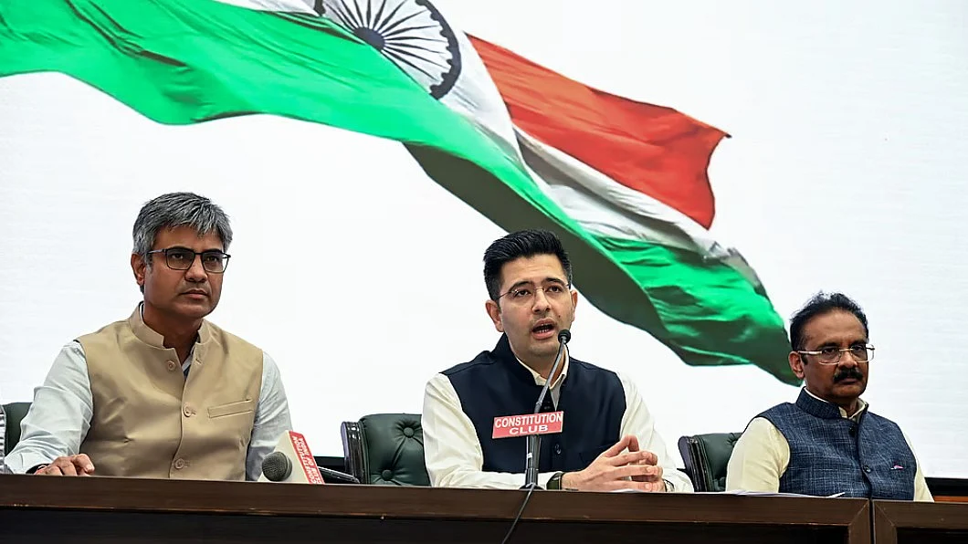 Raghav Chadha (center) with fellow MPs