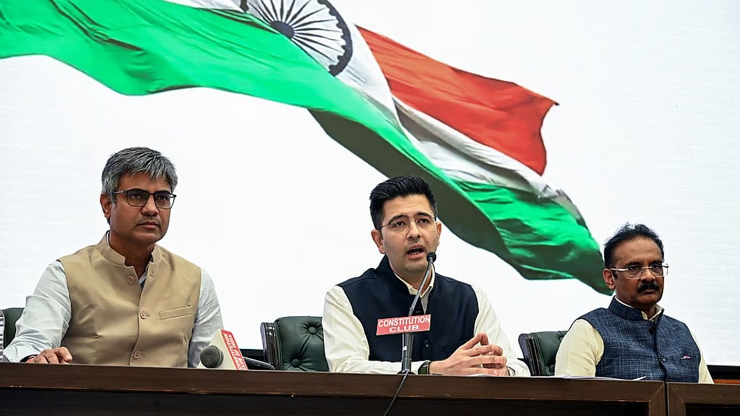 Raghav Chadha (center) with fellow MPs