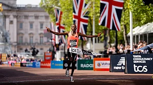 Historic finish: Sabastian Sawe clocked a sub-two hour finish in London Marathon