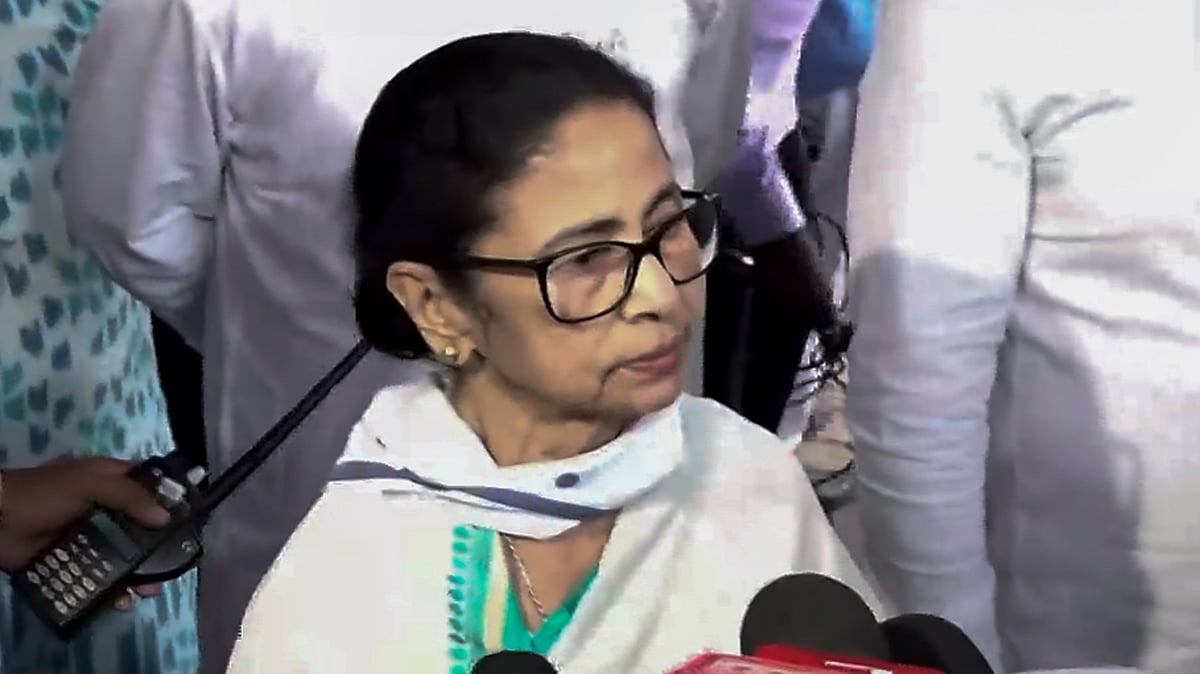 Mamata Banerjee speaks to media during the final phase of the assembly elections in Kolkata.