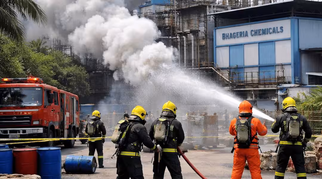 Firefighters respond at the site of a gas leak in Pune.