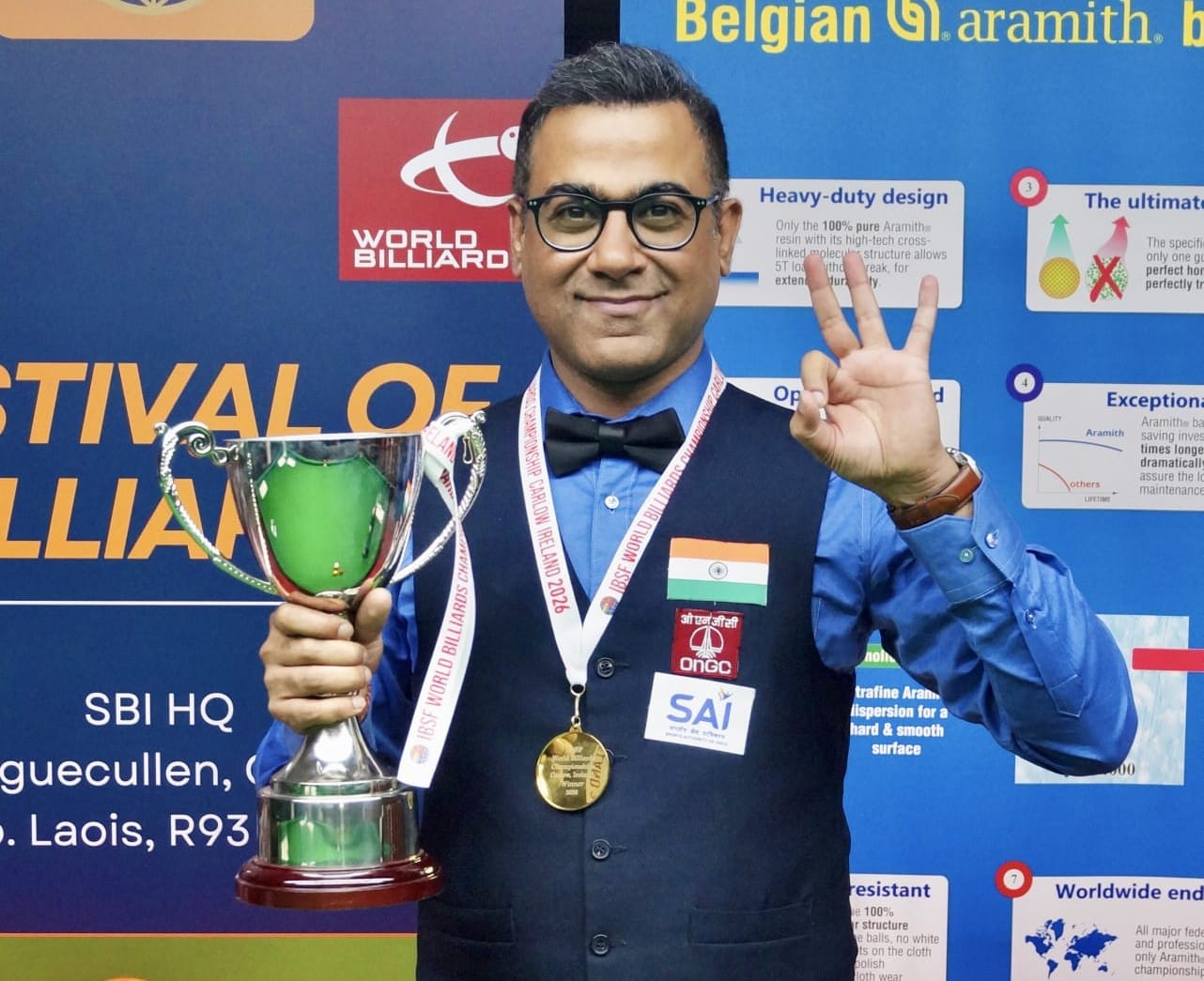 Sourav Kothari after retaining the world billiards crown in Ireland