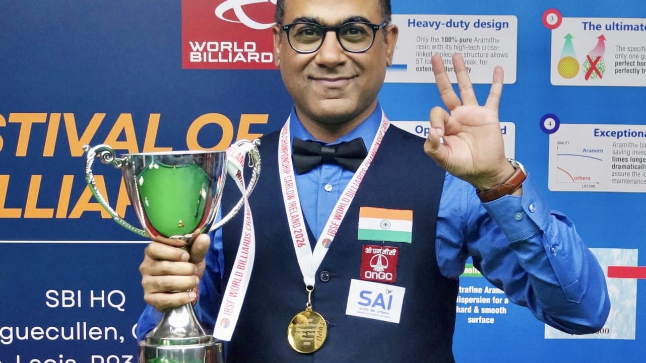 Sourav Kothari after retaining the world billiards crown in Ireland