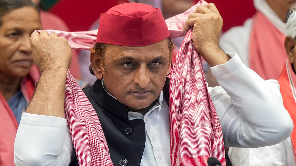 Akhilesh Yadav addresses a press conference in Lucknow.