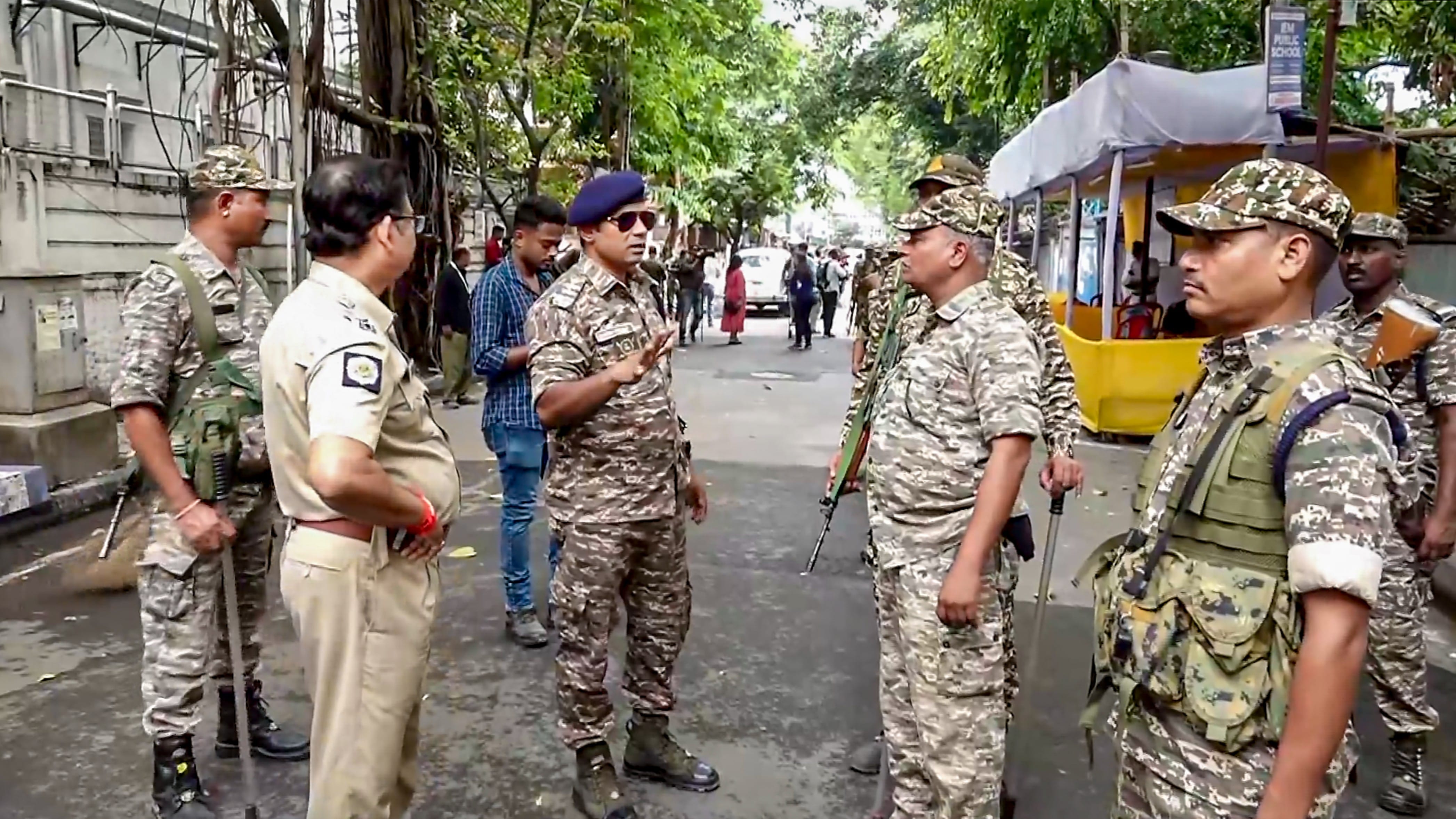 Security forces deployed outside the counting centre at Bhabanipur constituency.