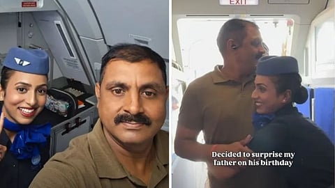 A flight attendant surprised her father on his birthday during a flight.
