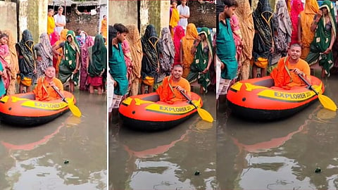 Agra Waterlogging Baba Bal Yogi Takes Boat to Flooded Village  