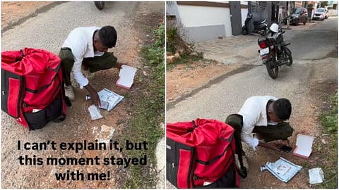 A Karnataka woman became emotional after seeing a delivery agent sitting by the roadside during a jewellery return.