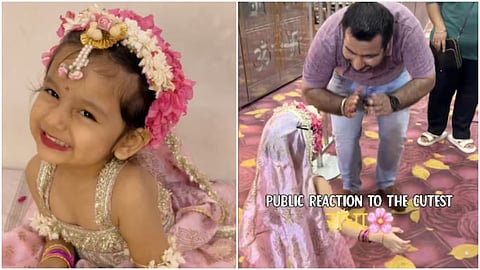 A little girl dressed as Radha won hearts at a temple as devotees smiled.