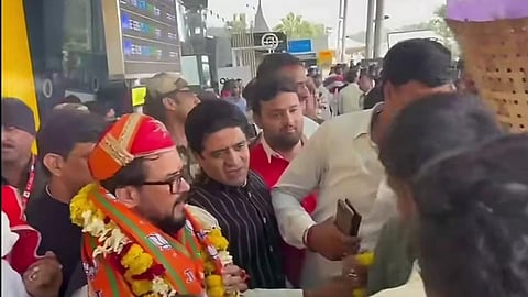 BJP MP and former Union Minister Anurag Thakur addressing the media at Indore Airport