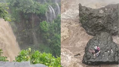 SDERF team rescuing four Maharashtra youths trapped at Kukdikheda Waterfall