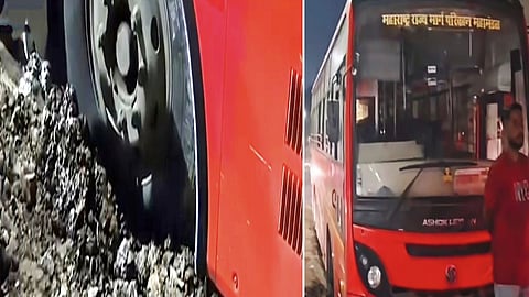 nashik sarda circle st bus stuck road pit