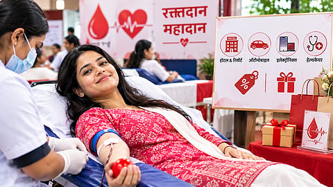 Women donating blood at a camp in Raipur, with special discounts and gifts offer.