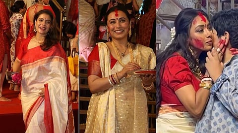 Durga puja fashion lal paar saree bengali traditional look.