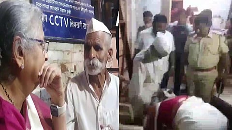 author-sudha-murthy-bowing-down-touch-feet-of-sambhaji-bhide