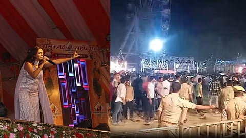 akshara singh performance creates ruckus in azamgarh mahotsav fans throw slippers and shoes on stage