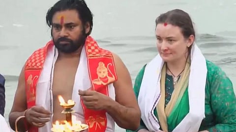 Pavan Kalyan with wife Anna Lezhneva at Prayagraj Actor Took Holly Dip in Maha Kumbh 2025