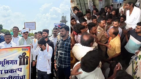 Protest Against Adani's Mine: राज्य प्रदूषण नियंत्रण मंडल के निर्देशानुसार मे. अंबुजा सीमेंट लिमिटेड कंपनी की ओर से दहेगांव गोवरी कोयला खदान प्रकल्प के संबंध में जन सुनवाई के दौरान हंगामा हुआ।