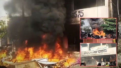 telangana-congress-workers-attack-brs-office-khammam-manuguru-fire-vandalism-claims