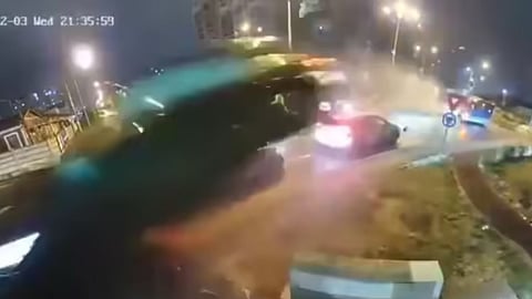 In Romania, a speeding car went airborne over two vehicles after hitting a speed breaker, and the shocking CCTV footage went viral.